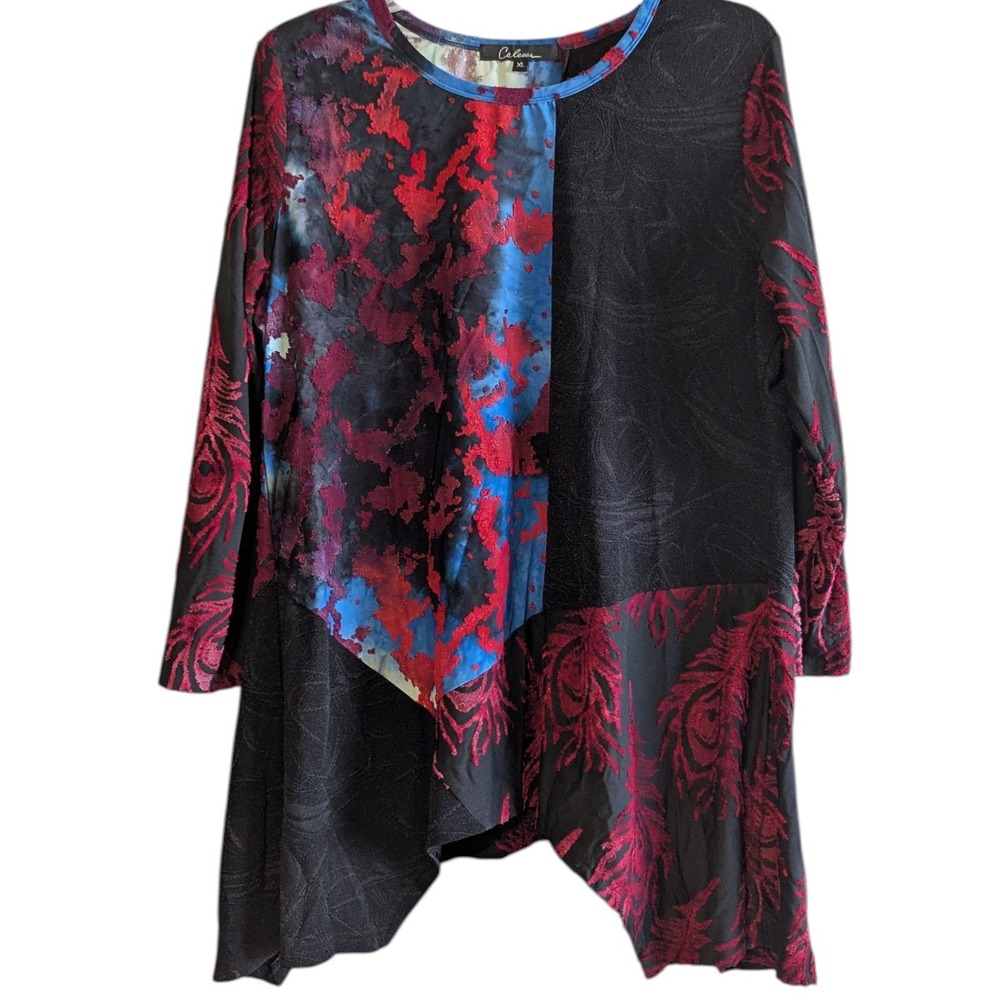 Calessa Womens XL Red‎ Blue Black Abstract Burnout Velvet Patchwork Tunic Top